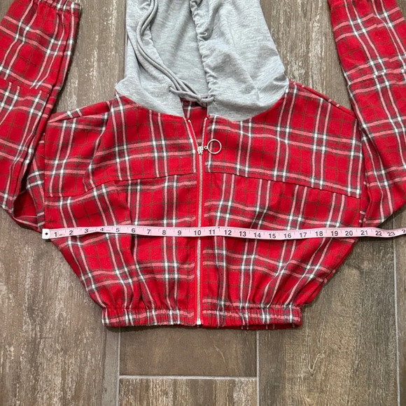 HYFVE Red Plaid Flannel Hoodie with Gray Hood - Picture 8 of 9